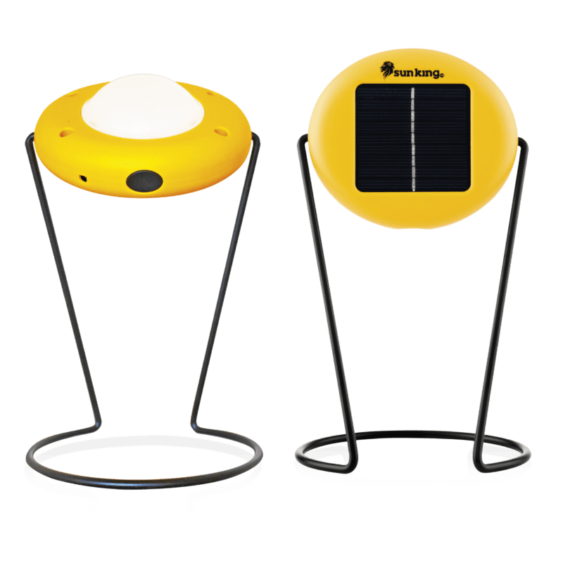 Front and back view of plus portable solar powered lantern against a white background.