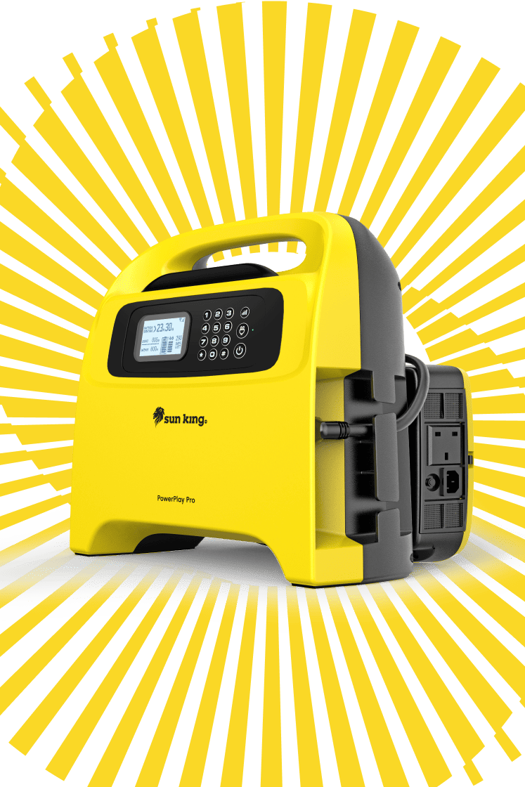 The PowerPlay Pro Inverter + Battery is in the middle of the picture, with bright yellow lines radianting outwards from it in a circular pattern