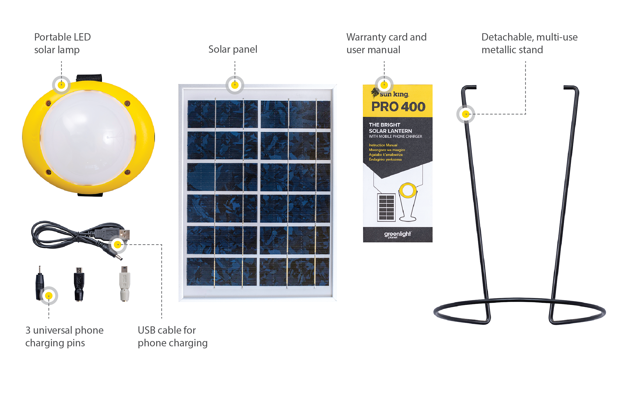 All of the components that come inside the Pro 400 solar powered lantern, including stand, solar panel, and cables.